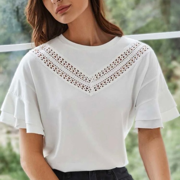 Guipure Lace Ruffle Trim Tee - Picture 2 of 7